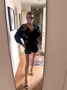 Vintage Laura 80s Black Angora Fur Cardigan Beaded Rose Appliqué Fully Lined